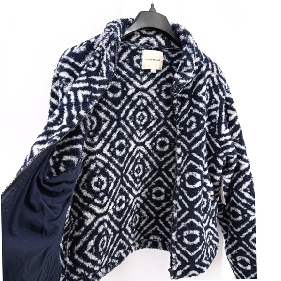 Lucky Brand Jackets & Blazers - NEW Lucky Brand Faux Fur Geo Print Jacket Womens Large Full Zip Blue White Cozy